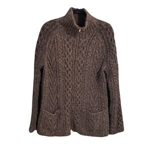 INIS CRAFTS Ireland Aran Merino Wool Zip Front Cardigan Sweater Pockets Brown S